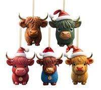 5 Pcs Acrylic Highland Cow Christmas Decor - Cute Cartoon Cattle Hanging Ornaments for Xmas Home Holiday Car Decor