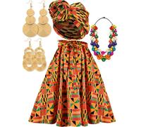 5 Pcs African Skirt Head Wrap Set Juneteenth African Attire Kente Print Dress Womens Black History Outfits