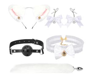5 Pcs Anal Butt Plug Set Plush Cat Ears Headband with Bells Fox Tail Plug Lace Necklace Gag Ball Nipple Clamps Adult Couples Toys for Women and Men (White)