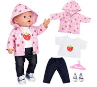 5 Pcs Baby Doll Clothes 14-17 Inch, Pink Strawberries Raincoat Doll Outfit | with Pink Hooded Raincoat Strawberry T-Shirt Trousers Shoes Hanger, 35-43 cm Doll Accessories Sunny Rainy Day Gift for Girls