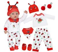 5 Pcs Baby Dolls Clothes for 12-17 Inch Doll, Cute Cartoon Doll Clothes with Jacket + Top + Pants + Socks + Rabbit Ear Hat, Sweet Bunny Doll Outfit For 30-43cm Dolls, Pretend Play Gifts (Ladybird 2)
