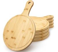 5 Pcs Bamboo Wood Cutting Board, Kitchen Chopping Board with Handle, Round Paddle Wooden Pizza Serving Charcuterie Boards for Pizza Fruit Vegetable Bread Cheese, 28 x 40 cm