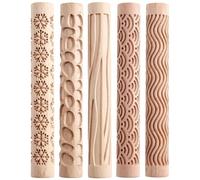 5 Pcs Beechwood Rolling Pins for Clay and Cookie Molds, Includes Wave, Snowflake, Curved, Pebble, Tree Bark Patterns, Great for Sculpting, Carving, and Rolling Dough
