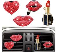5 Pcs Bling Red Lips Air Vent Clips, Heart Shape Crystal Car Air Vent Clip Charms Car Fresheners for Women Rhinestone Diffuser Vent Clip Cute Decor Bling Interior Accessories