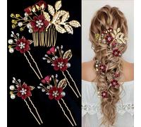 5 PCS Bridal Flower Wedding Hair Pins Crystal Pearl Headpiece Gold Wedding Hair Accessories Jewelry Rhinestone for Brides Bridesmaids Women Girls Updo, Exquisite Flower Leaves&Elegant Burgundy