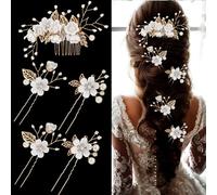 5 Pcs Bridal Wedding Hair Pins Crystal Pearl Hair Clips with White Flower Gold Leaf Flower Headpiece Vintage Wedding Hair Accessories Rhinestone Jewelry Hair Side Combs Slides for Women Girls