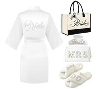5 Pcs Bride to Be Gift Set - Makeup Bag,Canvas Tote Bag, Slippers, Robe, Hair Clip - for Wedding Proposal Bridal Shower(Noble Style)