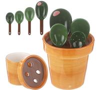 5 Pcs Cactus Measuring Spoons Set, Creative Ceramic Green Brown 4 Varied Capacity Spoons Set with Pot Organizer, Liquid & Food Precision Measurement Kit for Kitchen, Baking, Cooking