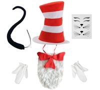 5 PCS Cat in the Hat Costumes, Adult Child Halloween Crazy Cat Fancy Dress Costume for World Book Day Halloween Carnival Cosplay Cat Costume