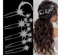 5 Pcs Celestial Crystal Bridal Hair Pins Set, Star & Moon Rhinestone Hair Accessories for Wedding, Goddess-Style Hair Pieces for Women（Silver)