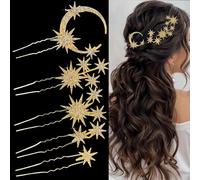 5 Pcs Celestial Crystal Bridal Hair Pins Set, Star & Moon Rhinestone Hair Accessories for Wedding, Goddess-Style Hair Pieces for Women（Gold)