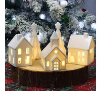 5 Pcs Ceramic Christmas Houses with LED Lights - 3 Houses and 2 Tree Village Set, Winter White Church & Mini Cottage Decor for Mantel, Tabletop, Holiday Display