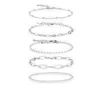 FFWTPY 5 Pcs Chain Bracelet Sets for Women Gold Chain Charm Bracelets Set Metal Link Bracelet Set Chunky Flat Cable Chain Silver Adjustable Fashion Jewelry Gift for Girls (Silver)