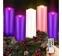 5 Pcs Christmas Advent Pillar LED Flameless Candles - Purple, Pink, White Taper Candles for Wreath