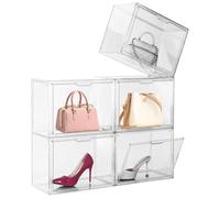 5 Pcs Clear Storage Bins with Lids, Purse Storgae Organizer, Clear Acrylic Display Case with Magnetic Lid for Handbag, Stackable Plastic Storage Bins for Large Figures Collectibles, Shoe, Cosmetic Bag