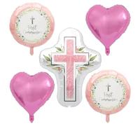 5 Pcs Communion Balloons, First Holy Foil Communion Balloons, Holy Communions Decorations, Religious Cross Foil Confirmation Balloon for Baby Shower Birthday Wedding Baptism Party Decor (pink)