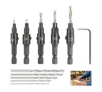 5 PCS Countersink Drill Bit Set, Adjustable Hex Shank Countersink Bits with 5 Free Replacement Drill Bits & Hex Wrench, High Speed Steel Woodworking Bits for Wood, Plastic, PVC & More
