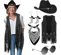 5 PCS Cowgirl Outfits for Women Western Costume Accessories Cowboy Hat Tassels Fringe Vest Earring Hippie Glasses Bandana for Hippie Disco Party Halloween Party Cosplay (Black, M)