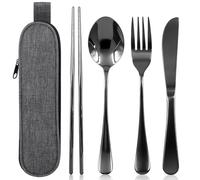 5 Pcs Cutlery Set with Portable Pouch Case Reusable Flatware, Stainless Steel Flatware Camping Utensil Set Knife, Fork, Spoon, Chopsticks, for Outdoor Travel Picnic Office School Lunch Box