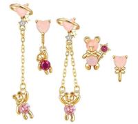 5 Pcs Dainty Gold Earrings for Women - Sterling Silver Hypoallergenic Cartilage Earrings Dangle Pink Bear 18K Gold Plated Earring Sets for Multiple Piercing