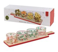 5 Pcs Decorative Christmas Serving Set Bamboo Tray Festive Glass Serving Bowl Gift