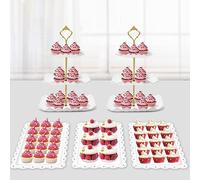 5 Pcs Dessert Table Display Set - 2 X Cupcake Stand Holder/Cup Cake Tier Tower & 3 X Serving Tray Combo for Tea Party, Birthday, Baby Shower White