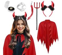 5 pcs Devil Costume Women - Red Devil Hood Cape Adult with Devil Horns Headband Tail Fork Demon Costume Fancy Dress for Women Halloween Cosplay