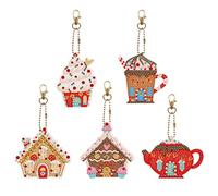 5 Pcs Diamond Art Keychains Christmas Gingerbread House Hanging Ornament DIY Kit 5D Mini Diamond Art Painting Christmas Key Chains Double Sided Gem by Number Crafts Key Ring Bag Charm for Women Girls