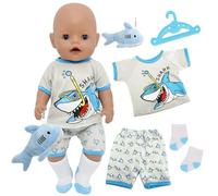 5 Pcs Doll Clothes Compatible with 14-18 inch New Born Baby Dolls, Blue Shark Cute Doll Clothes for 35-45cm Baby Dolls with Top Shorts pendant hanger Socks, New 43cm Doll Outfit, Gifts for Girls