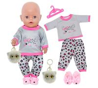 5 Pcs Doll Clothes for 12-18 Inch Dolls, Lovely Doll Outfit Clothing for 30-43cm New Born Baby Doll with Kitten Top Leopard-print Pants Pink Shoes Hanger Grey Pom-pom Toy, Dolls Clothes Gift for Kids