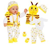 5 Pcs Doll Clothes for 14-17 inch Baby Dolls, 35-43cm Bee Overall Outfits with Hat Socks Long Sleeve Pants and Vest Cute Bee 43cm Dolls Clothes Accessories Girls Birthday Gift