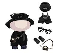 5 Pcs Doll Clothes for 17cm Plush Dolls, Black Set with 1 Leggings 1 Fisherman's hat Handbag 1 Glasses 1 Shoes for Dolls Premium Outfit, Birthday Holiday Present for Girls Kids (No Doll)