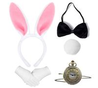 5 Pcs Easter Bunny Costume Accessories Set - Furry Rabbit Ears Headband, Black Bow Tie, White Gloves, Plush Tail & Vintage Pocket Watch Necklace | Perfect for Easter Parties, Cosplay & Spring Celebrat