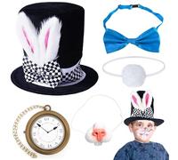 5 PCS Easter Bunny Costume Accessory Set - White Rabbit Plush Top Hat, Nose, Tail, Pocket Watch, Tie - Props and Dress Up Set for Cosplay Party