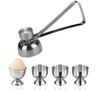 5 PCS Egg Cups and Opener, 4 Stainless Steel EggHolders & 1 EggTop Cracker for Raw/Boiled Eggs, Breakfast Tray Egg Cup Holder (Silver)