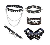 5 Pcs Emo Accessories Set, Goth Choker & Studded Bracelet with Punk Fingerless Leather Gloves for Women & Men, Rock Cosplay Party Outfits, Alternative Fashion Accessories
