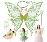 5 Pcs Fairy Wings Adult Women, Green Fairy Wings Set Halloween Costume with Butterfly Wings Wands Flower Headband Elf Ears Green Sticker for Girls Halloween Birthday Chrismas Themed Party (Green)