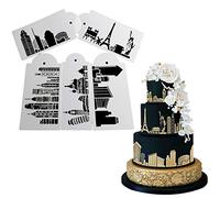 5 Pcs Famous Buildings Cake Border Decorating Lace Embossed Molds Suit Eiffel Tower Statue of Liberty Plastic Fondant Template DIY Baking Tools Coffee Spray Stencils Powdered Sugar Sieve PVC Mold