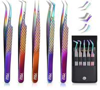 5 Pcs Fiber-Tip Japanese Steel Lash Tweezer Set with Leather Case, Professional Eyelash Tweezers for Lash Extensions - Titanium Coated, 90 & 45 Angled, Precision Pointed Tweezers (Rainbow Color)