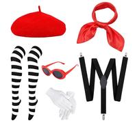 5 Pcs French-Themed Mime Costume Set, Artist Costume for Girls: Includes Black Suspender, French Beret, Eye-Catching Red Scarf, White Gloves & Striped Socks