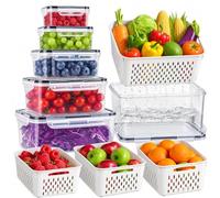5 PCS Fruit Storage Containers for Fridge with Removable Colander, All-In-One Vegetable Berry Storage Containers for Washing, Draining, Freshness, the Largest Size with Handles（Maximum 6200ML）