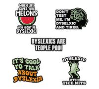 5 Pcs Funny Dyslexia Awareness Enamel Pins Dyslexic Quote Lapel Brooch Set Cute Frog Watermelon Words Badges Pin for Backpacks Clothing