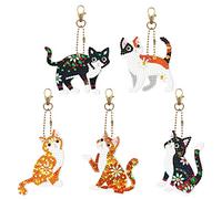 5 Pcs Gem Art Painting Keychains Cat Hanging Ornaments DIY Kits 5D Small Diamond Art Key Chains Pendant Decorations Double Sided Diamond Paint by Number Crafts Key Ring Bag Charm for Women Girls Lady
