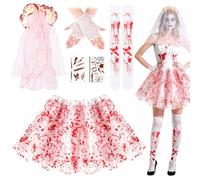 5 Pcs Ghost Bride Costume Accessories Set, Gothic Scary Bride Fancy Dress Kit with White Flower Veil Lace Gloves Bloodstained Tutu Skirt Knee-high Socks Tattoo Stickers for Halloween Cosplay Party