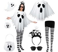 5 Pcs Ghost Costume Accessories Kits for Adult - Include Ghost Boo Headband/Sunglasses/Poncho/Candy Bag and Striped Tights for Halloween Trick & Treat Cosplay
