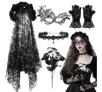 5 Pcs Gothic Bride Costume Accessories Set, Vintage Bride Fancy Dress Set with Black Veil Mesh Mask Rose Bouquet Gothic Choker Lace Gloves for Women Halloween Easter Cosplay Party