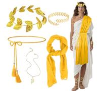 5 Pcs Greek Goddess Costume Accessories Set for Women Girls, Ancient Roman Toga Fancy Dress with Belt Red Sash Golden Leaf Headpiece Bracelet Necklace for Party Bridal Wedding Halloween (Yellow)