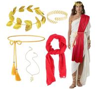 5 Pcs Greek Goddess Costume Accessories Set for Women Girls, Ancient Roman Toga Fancy Dress with Belt Red Sash Golden Leaf Headpiece Bracelet Necklace for Party Bridal Wedding Halloween (Red)
