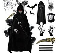 5 PCS Grim Reaper Costume, Halloween Costumes, Velvet Black Hooded Cloak Set with Grim Reaper Scythe Skeleton Mask Skeleton Gloves Necklace for Halloween Cosplay Outfits Party Women Men