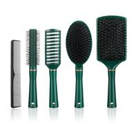 5 Pcs Hair Brush Set,Anti-Static Detangling Kit with Oval,Round,Vent & Paddle Brush for Scalp Massage at Home for Women & Men,Green